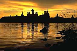 Silhouette of Solovetskii monastery over Sacred lake